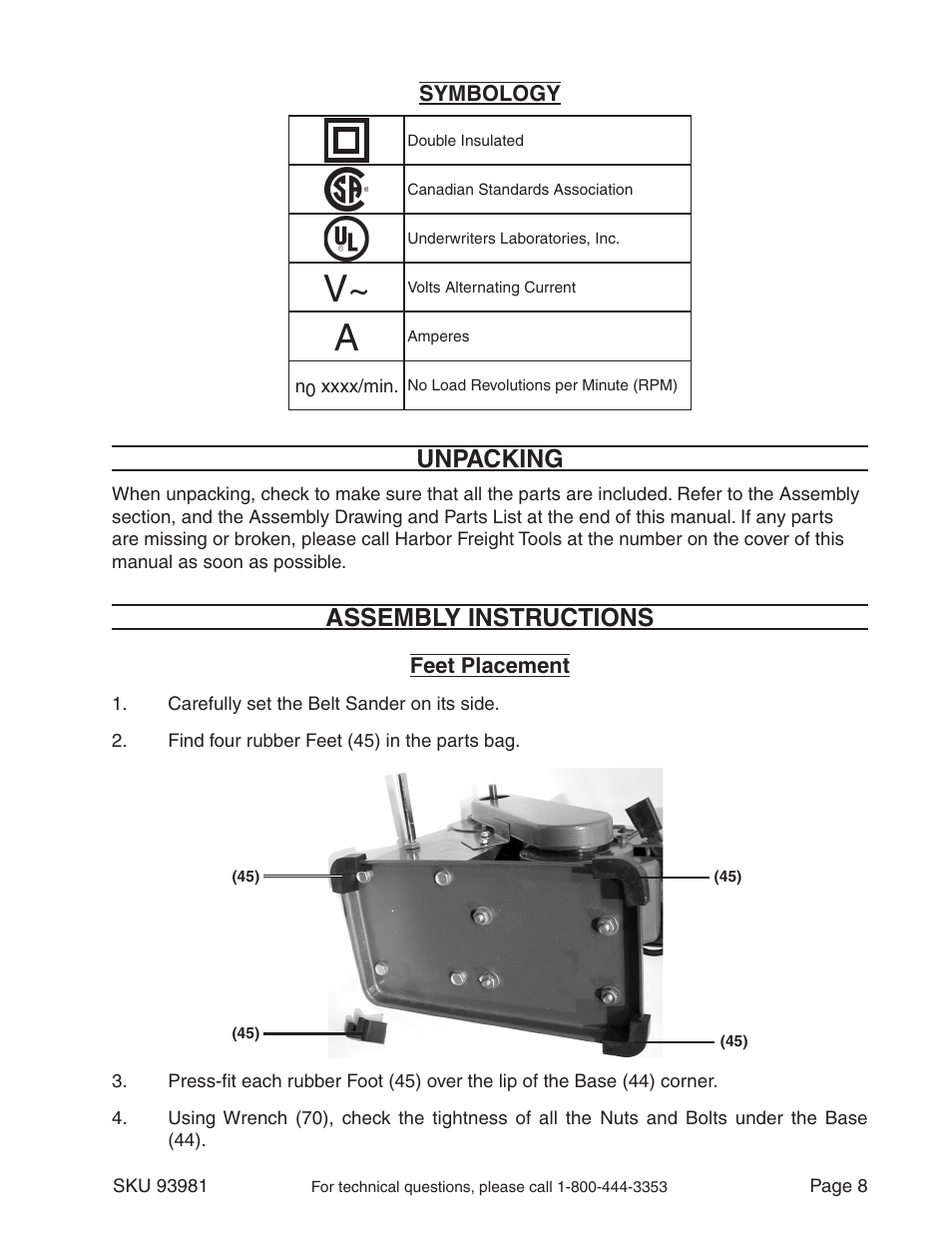 Unpacking, Assembly instructions | Harbor Freight Tools 93981 User Manual | Page 8 / 16