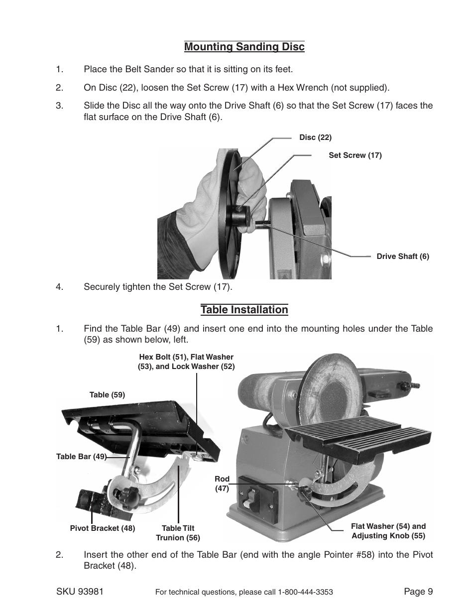 Mounting sanding disc, Table installation | Harbor Freight Tools 93981 User Manual | Page 9 / 16