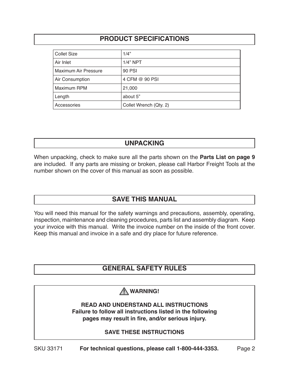 Product specifications save this manual, General safety rules, Unpacking | Harbor Freight Tools 33171 User Manual | Page 2 / 11