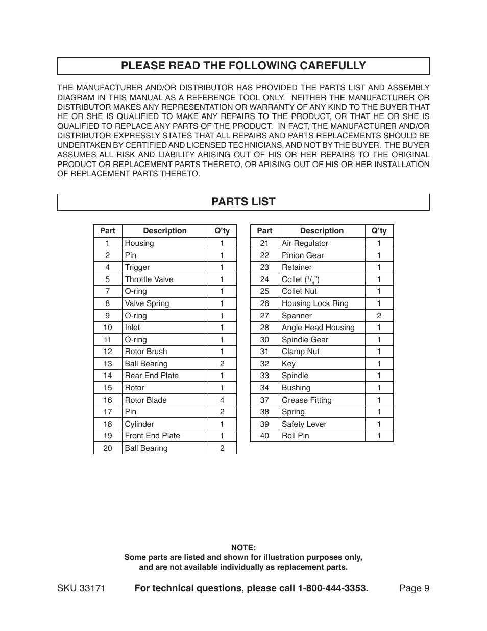 Please read the following carefully, Parts list | Harbor Freight Tools 33171 User Manual | Page 9 / 11
