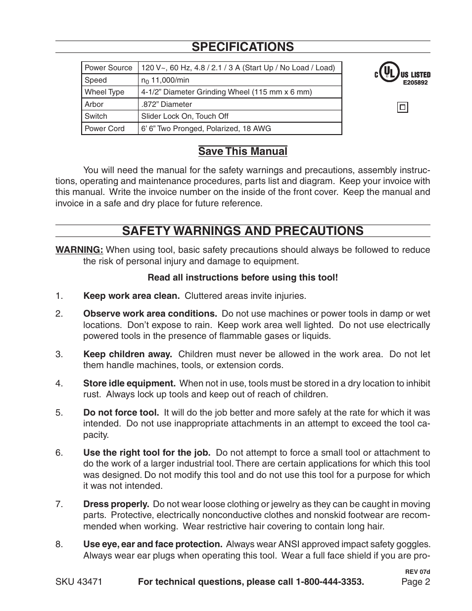 Specifications, Safety warnings and precautions, Save this manual | Harbor Freight Tools 43471 User Manual | Page 2 / 8