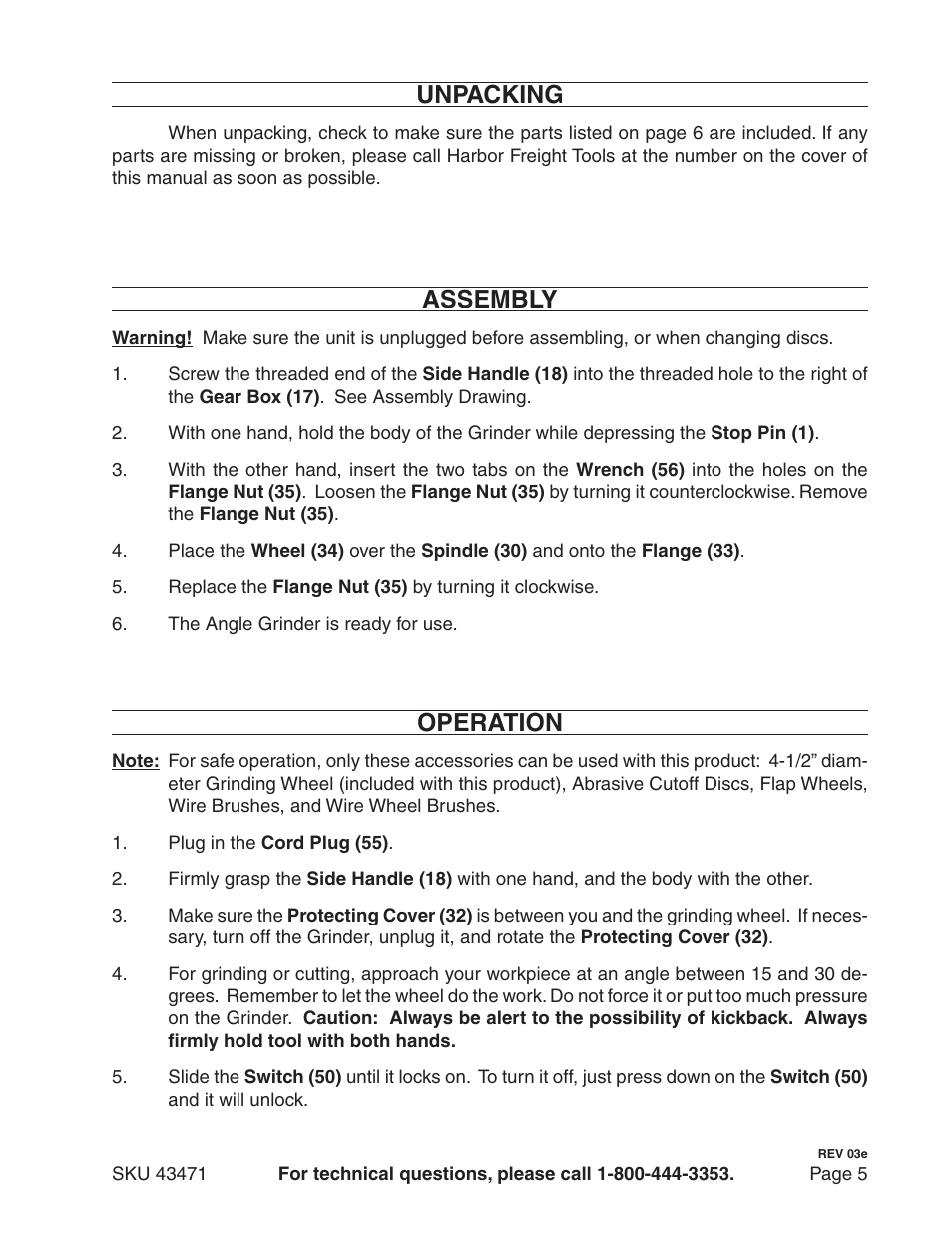 Unpacking, Assembly, Operation | Harbor Freight Tools 43471 User Manual | Page 5 / 8