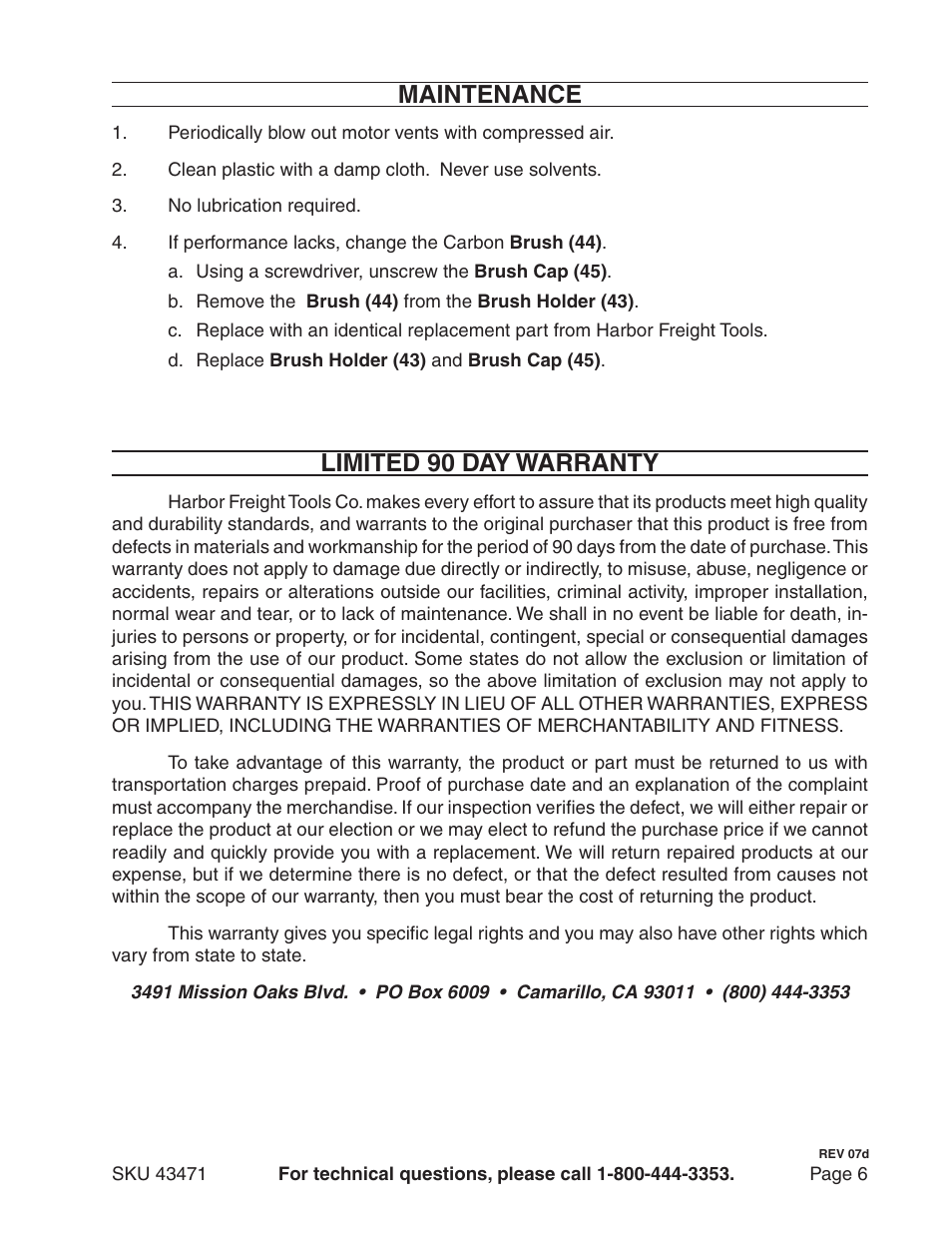 Maintenance, Limited 90 day warranty | Harbor Freight Tools 43471 User Manual | Page 6 / 8