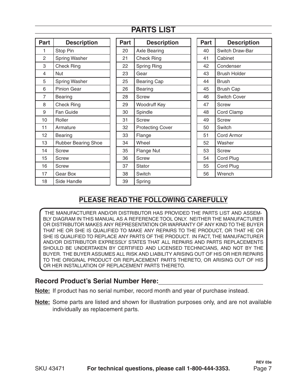 Parts list, Please read the following carefully, Record product’s serial number here | Harbor Freight Tools 43471 User Manual | Page 7 / 8