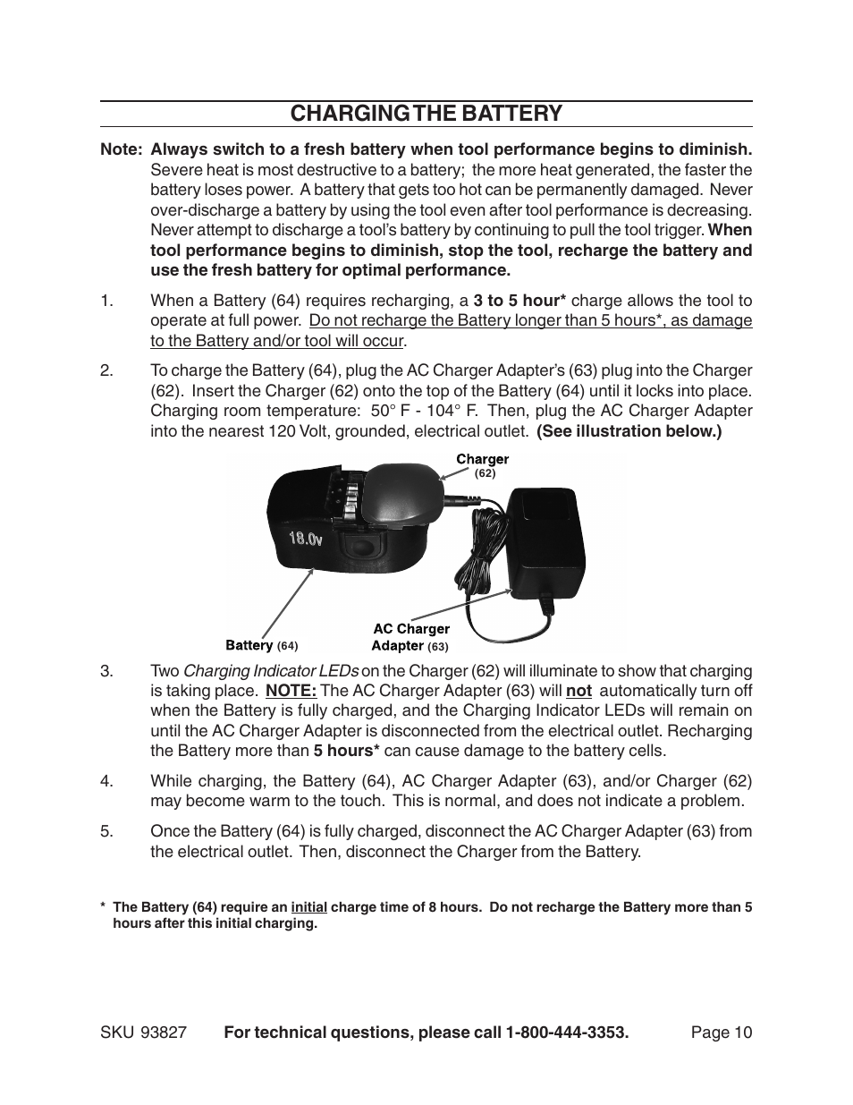 Charging the battery | Harbor Freight Tools 93827 User Manual | Page 10 / 15