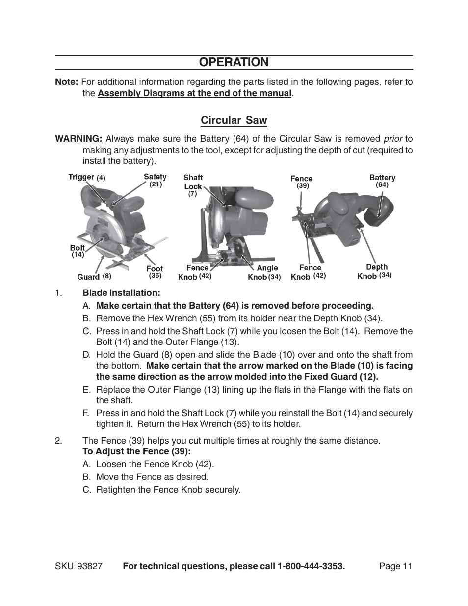 Operation, Circular saw | Harbor Freight Tools 93827 User Manual | Page 11 / 15