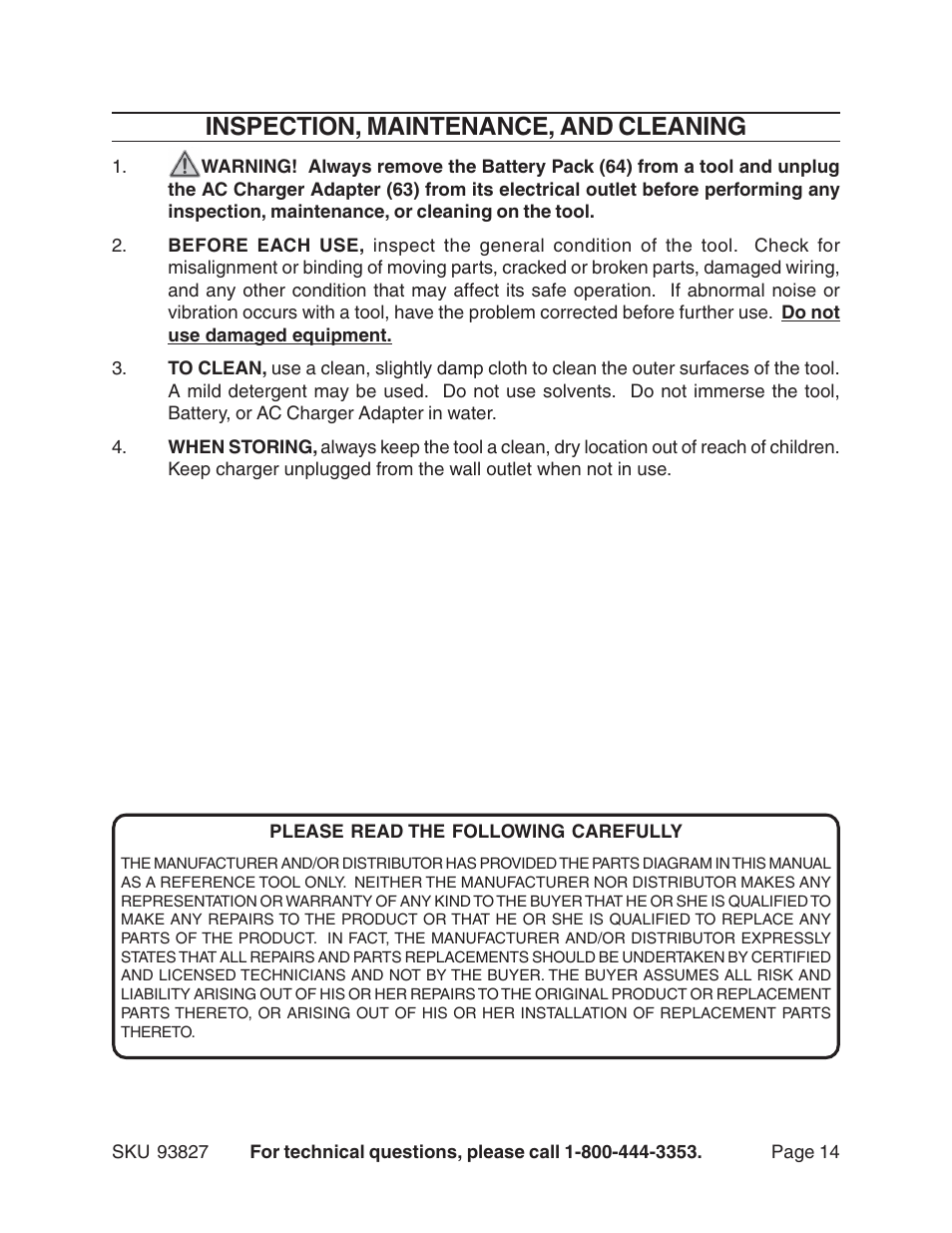 Inspection, maintenance, and cleaning | Harbor Freight Tools 93827 User Manual | Page 14 / 15