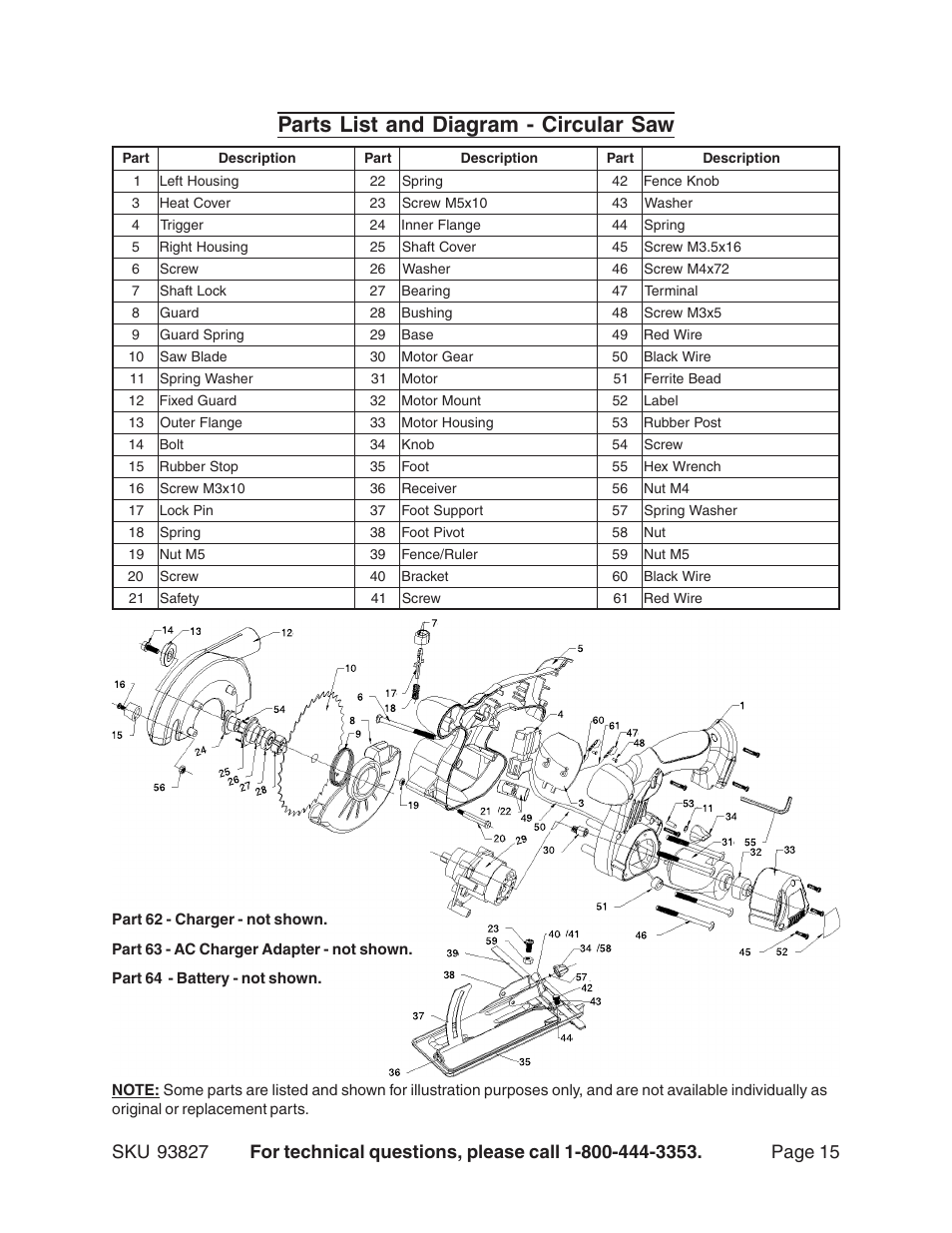 Parts list and diagram - circular saw | Harbor Freight Tools 93827 User Manual | Page 15 / 15