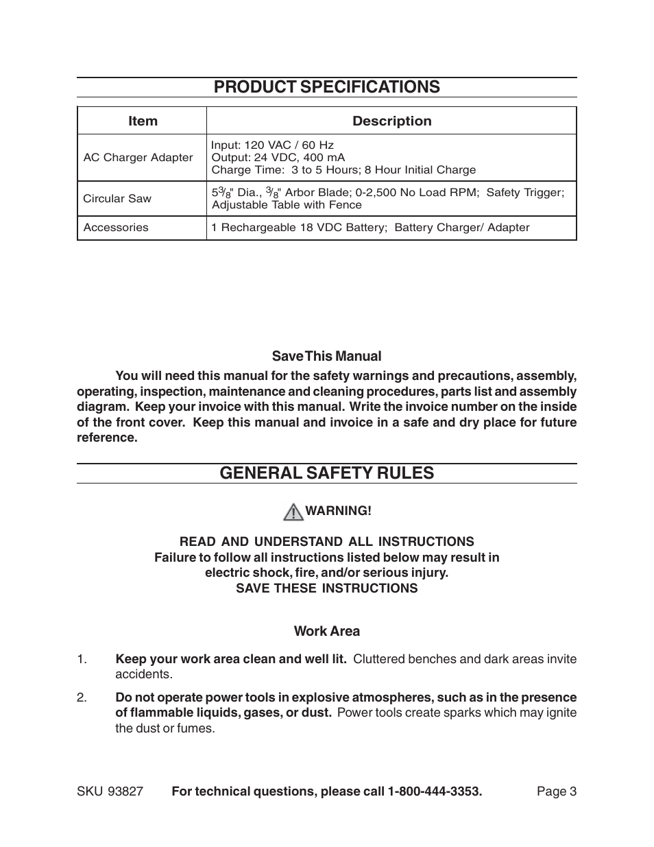 General safety rules, Product specifications, Save this manual | Work area | Harbor Freight Tools 93827 User Manual | Page 3 / 15