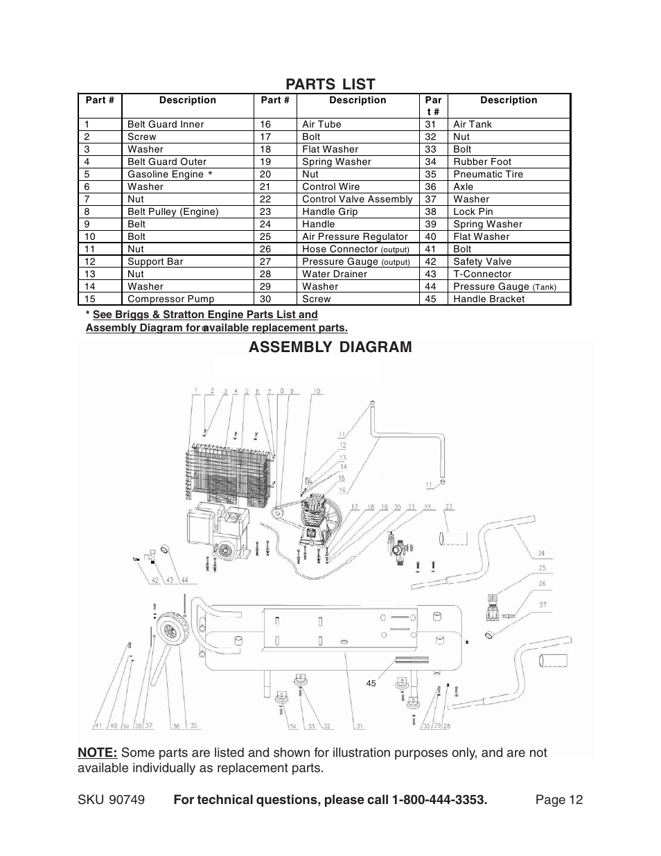 Parts list, Assembly diagram | Harbor Freight Tools 90749 User Manual | Page 12 / 13