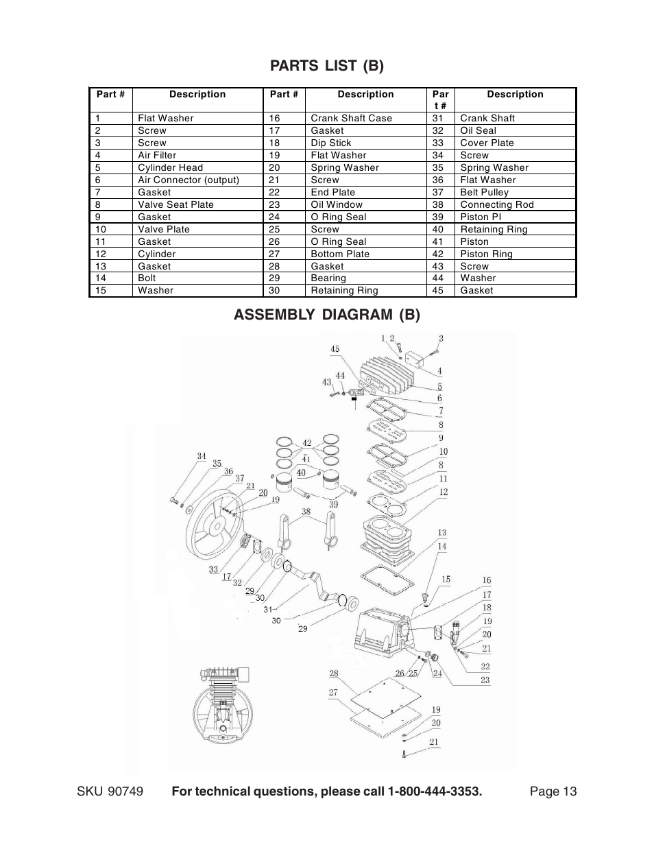 Assembly diagram (b) parts list (b) | Harbor Freight Tools 90749 User Manual | Page 13 / 13