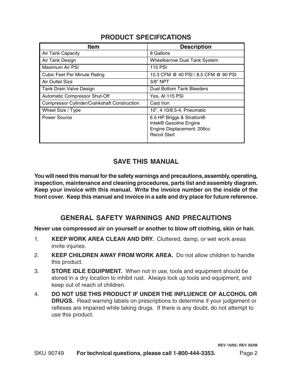 Product specifications save this manual, General safety warnings and precautions | Harbor Freight Tools 90749 User Manual | Page 2 / 13