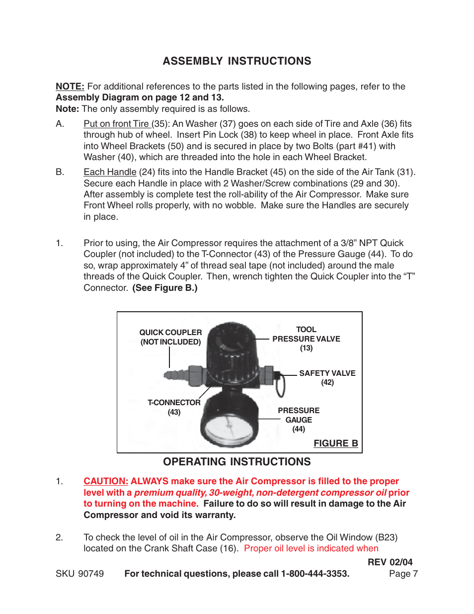 Assembly instructions, Operating instructions | Harbor Freight Tools 90749 User Manual | Page 7 / 13