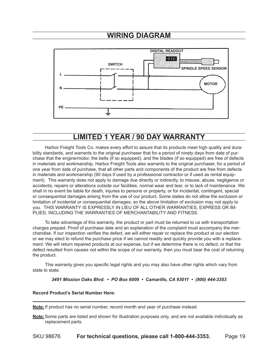 Limited 1 year / 90 day warranty, Wiring diagram | Harbor Freight Tools 98676 User Manual | Page 19 / 19