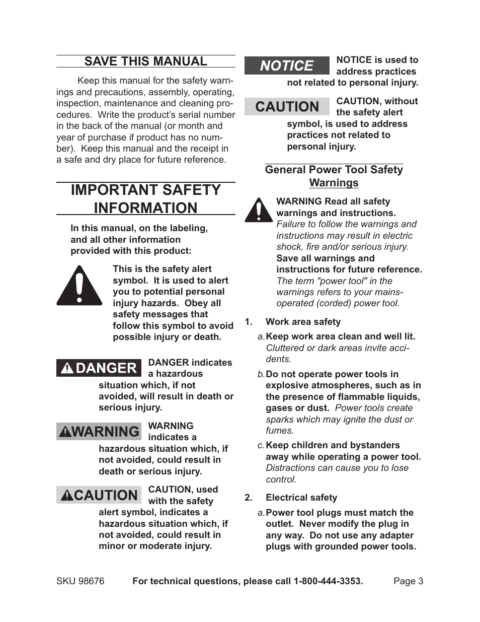 Important safety information, Save this manual | Harbor Freight Tools 98676 User Manual | Page 3 / 19