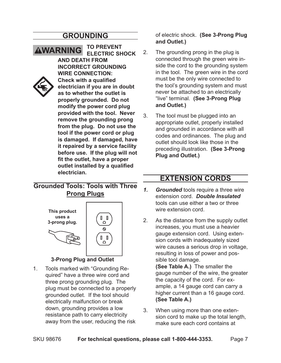 Grounding, Extension cords | Harbor Freight Tools 98676 User Manual | Page 7 / 19