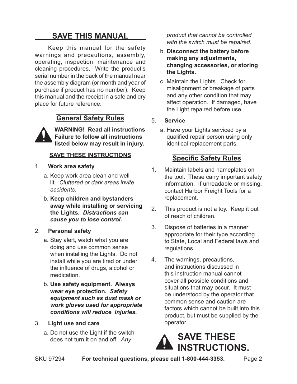 Save these instructions, Save this manual | Harbor Freight Tools SOLAR LIGHT SET 97294 User Manual | Page 2 / 5