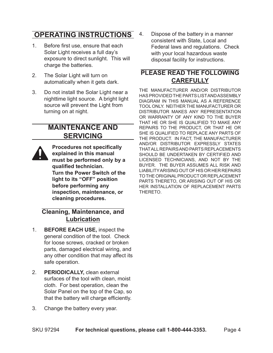 Operating instructions, Maintenance and servicing | Harbor Freight Tools SOLAR LIGHT SET 97294 User Manual | Page 4 / 5