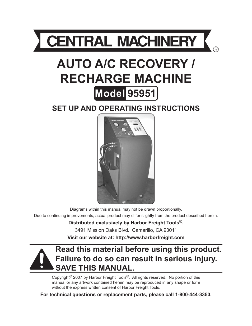 Harbor Freight Tools Auto A/C Recovery / Recharge Machine 95951 User Manual | 22 pages