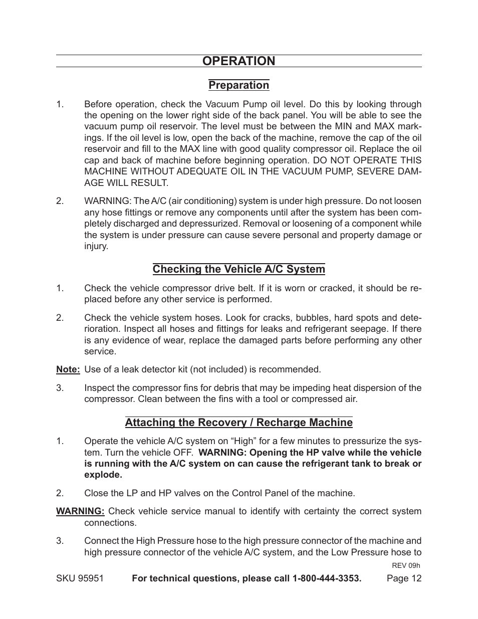Operation | Harbor Freight Tools Auto A/C Recovery / Recharge Machine 95951 User Manual | Page 12 / 22