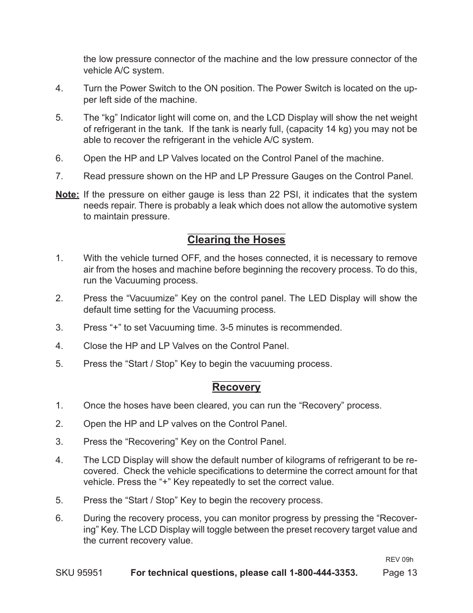 Harbor Freight Tools Auto A/C Recovery / Recharge Machine 95951 User Manual | Page 13 / 22
