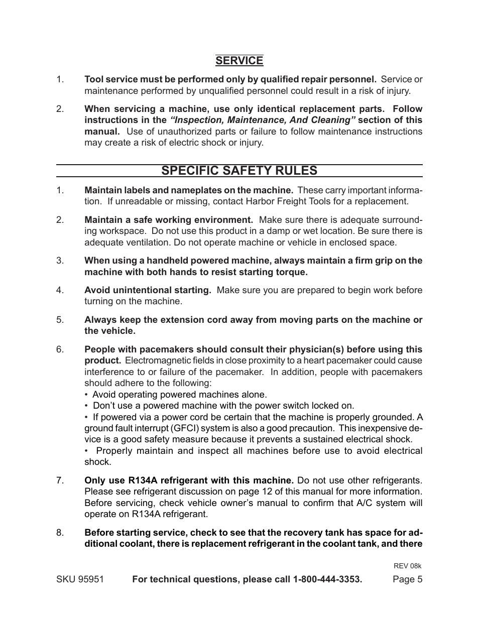 Specific safety rules | Harbor Freight Tools Auto A/C Recovery / Recharge Machine 95951 User Manual | Page 5 / 22