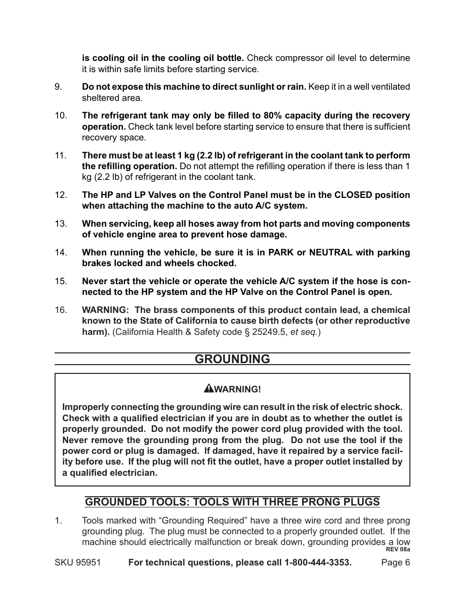 Grounding | Harbor Freight Tools Auto A/C Recovery / Recharge Machine 95951 User Manual | Page 6 / 22