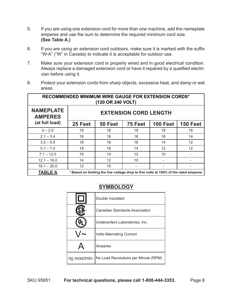 Nameplate amperes, Symbology | Harbor Freight Tools Auto A/C Recovery / Recharge Machine 95951 User Manual | Page 8 / 22