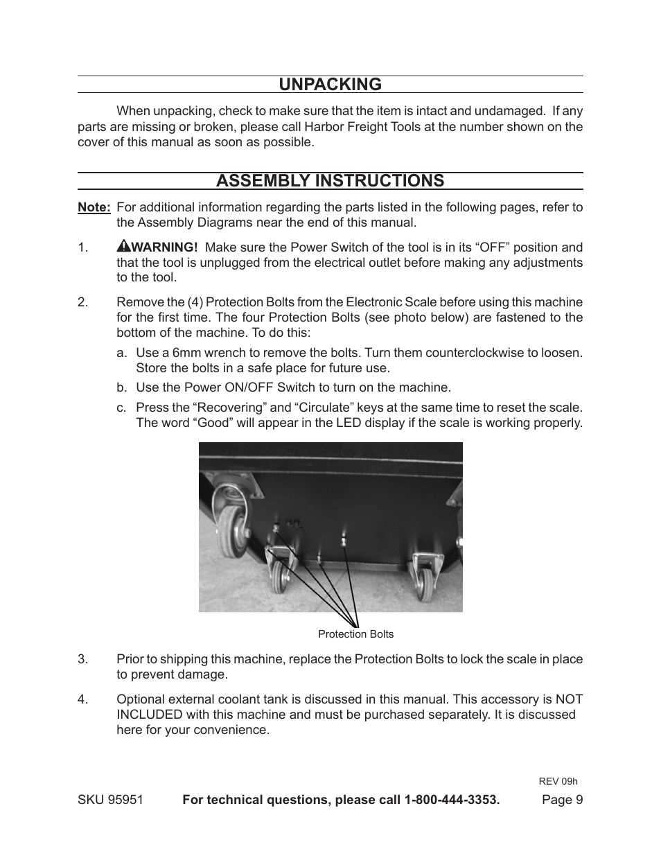 Unpacking, Assembly instructions | Harbor Freight Tools Auto A/C Recovery / Recharge Machine 95951 User Manual | Page 9 / 22