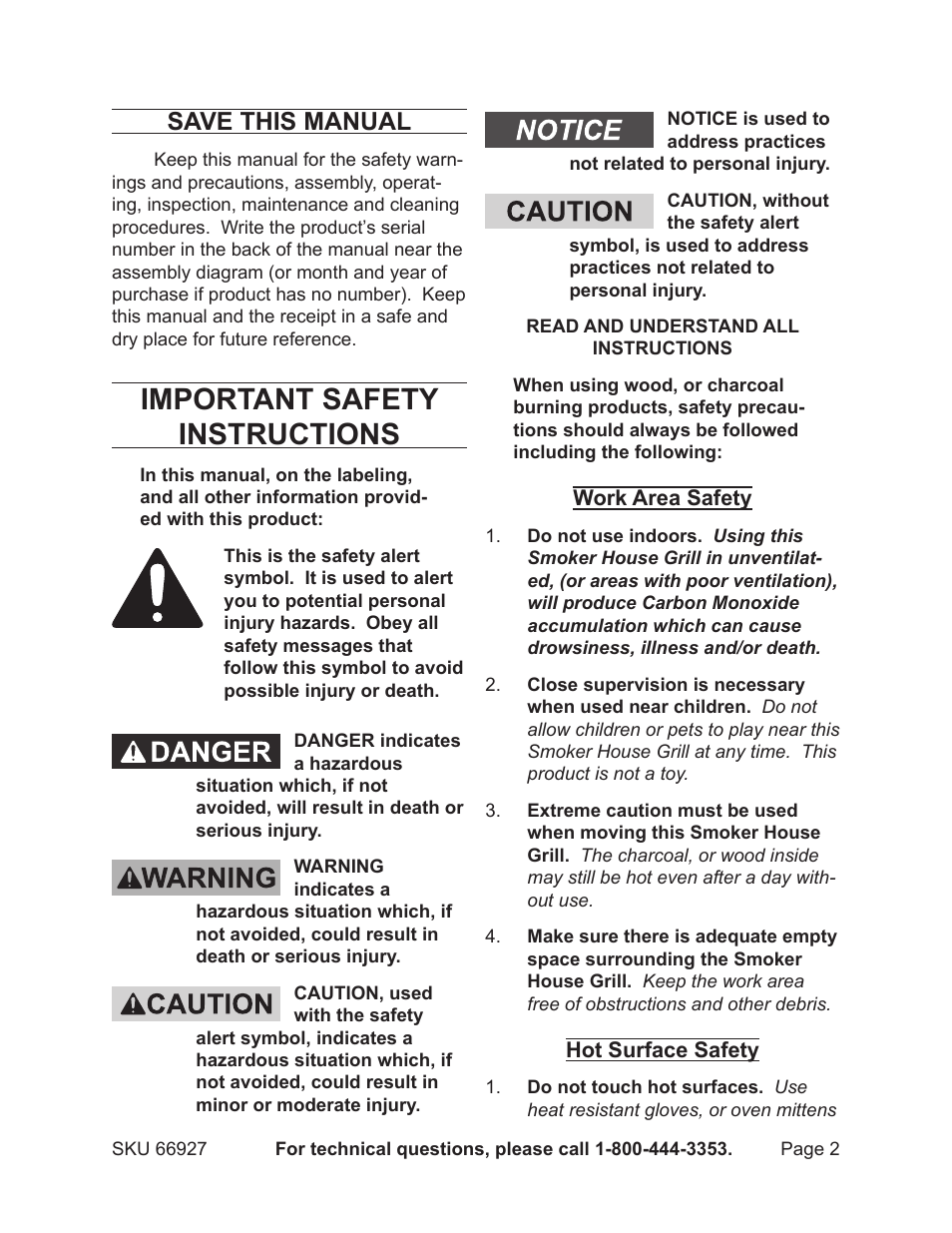 Important safety instructions, Save this manual | Harbor Freight Tools 66927 User Manual | Page 2 / 11