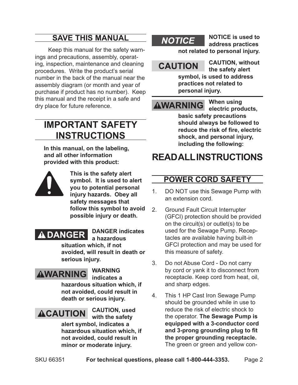 Important safety instructions, Read all instructions, Save this manual | Power cord safety | Harbor Freight Tools PACIFIC HYDROSTAR 66351 User Manual | Page 2 / 9