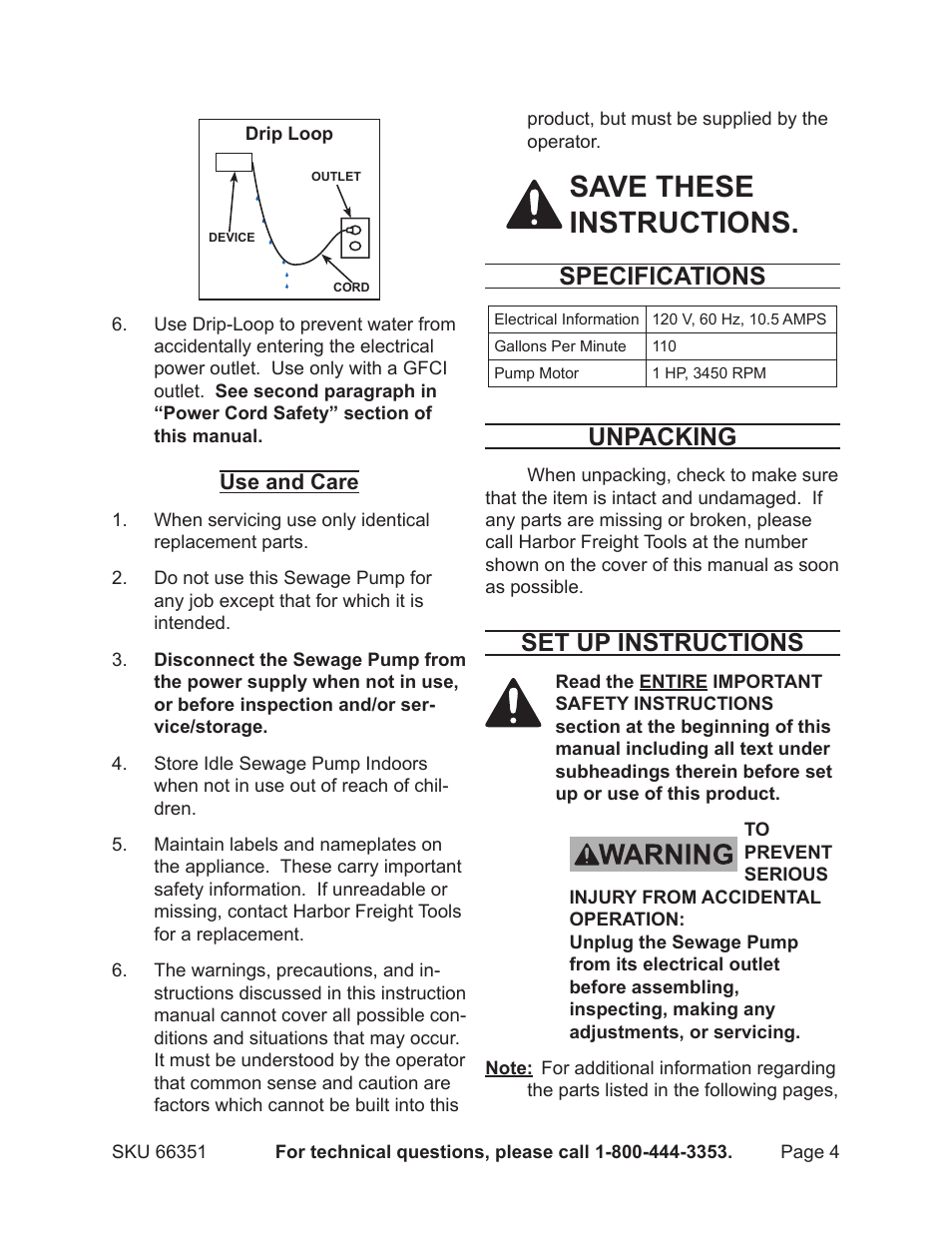 Save these instructions, Specifications, Unpacking | Set up instructions | Harbor Freight Tools PACIFIC HYDROSTAR 66351 User Manual | Page 4 / 9