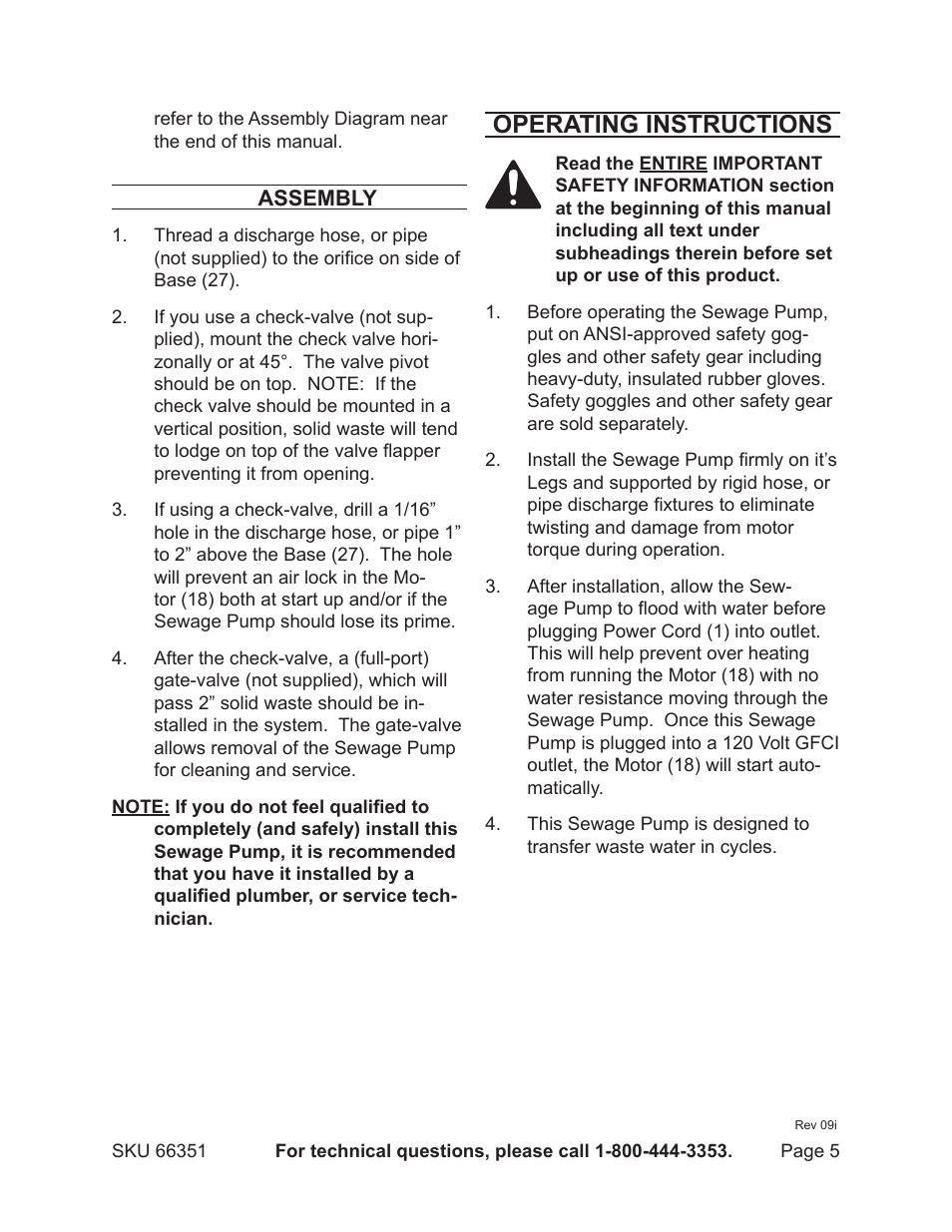 Operating instructions | Harbor Freight Tools PACIFIC HYDROSTAR 66351 User Manual | Page 5 / 9