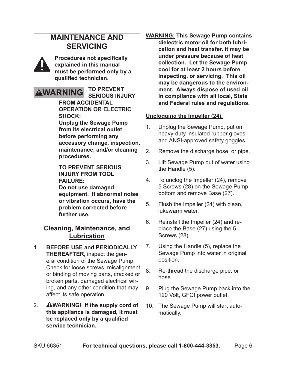 Maintenance and servicing | Harbor Freight Tools PACIFIC HYDROSTAR 66351 User Manual | Page 6 / 9