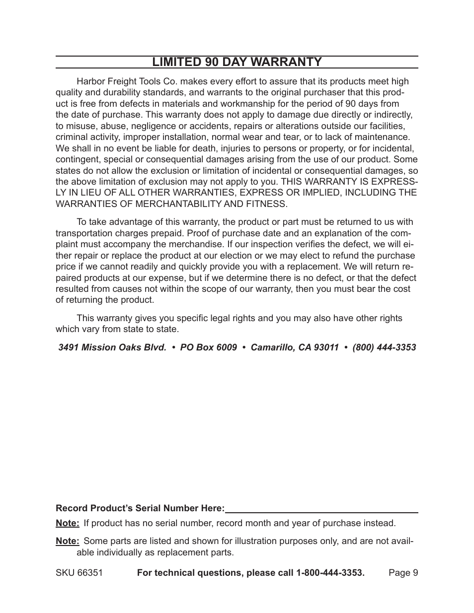 Limited 90 day warranty | Harbor Freight Tools PACIFIC HYDROSTAR 66351 User Manual | Page 9 / 9