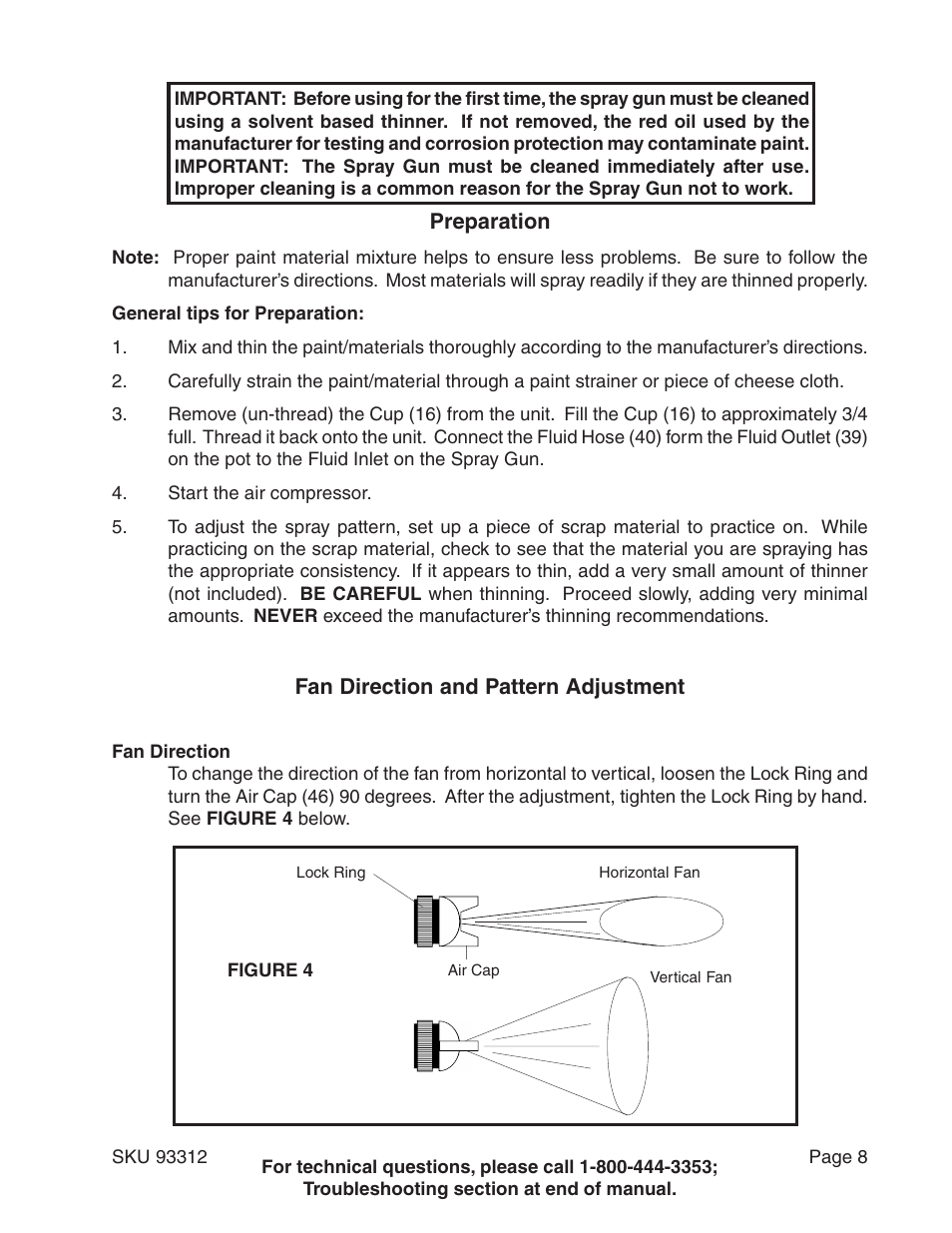 Preparation, Fan direction and pattern adjustment, Preparation fan direction and pattern adjustment | Harbor Freight Tools 91011 User Manual | Page 8 / 15