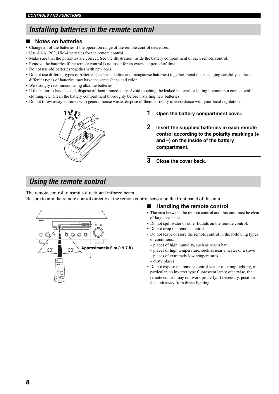 Installing batteries in the remote control, Using the remote control | Yamaha RX-397 User Manual | Page 10 / 206