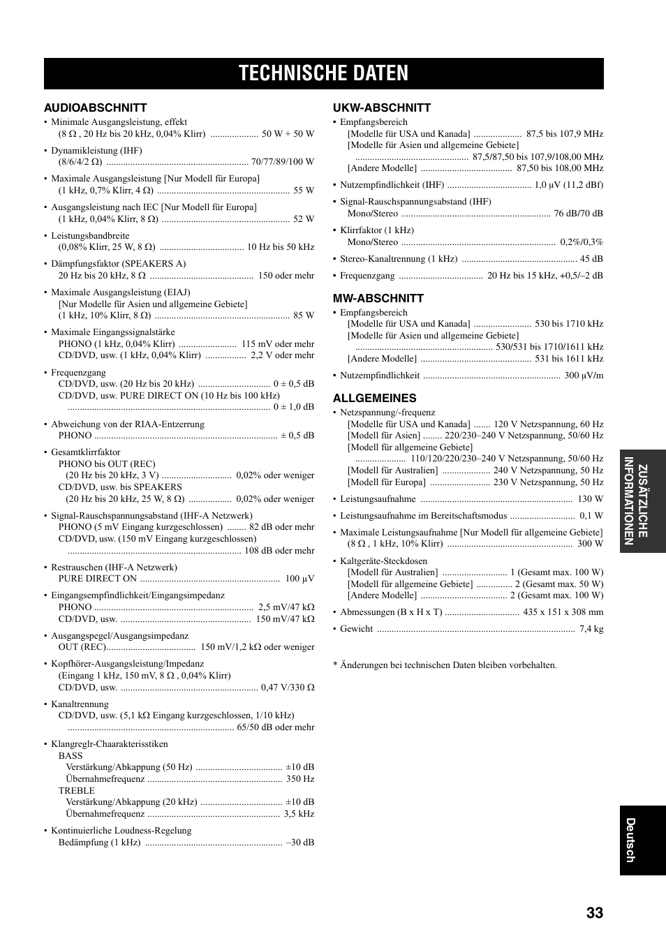 Technische daten | Yamaha RX-397 User Manual | Page 103 / 206