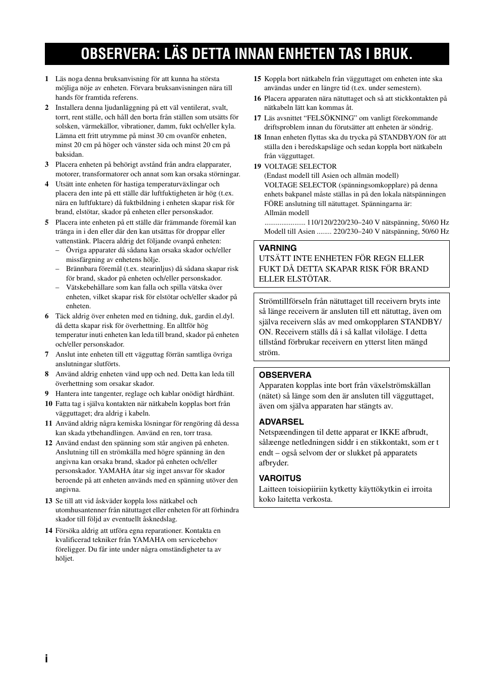 Svenska, Observera: läs detta innan enheten tas i bruk | Yamaha RX-397 User Manual | Page 104 / 206