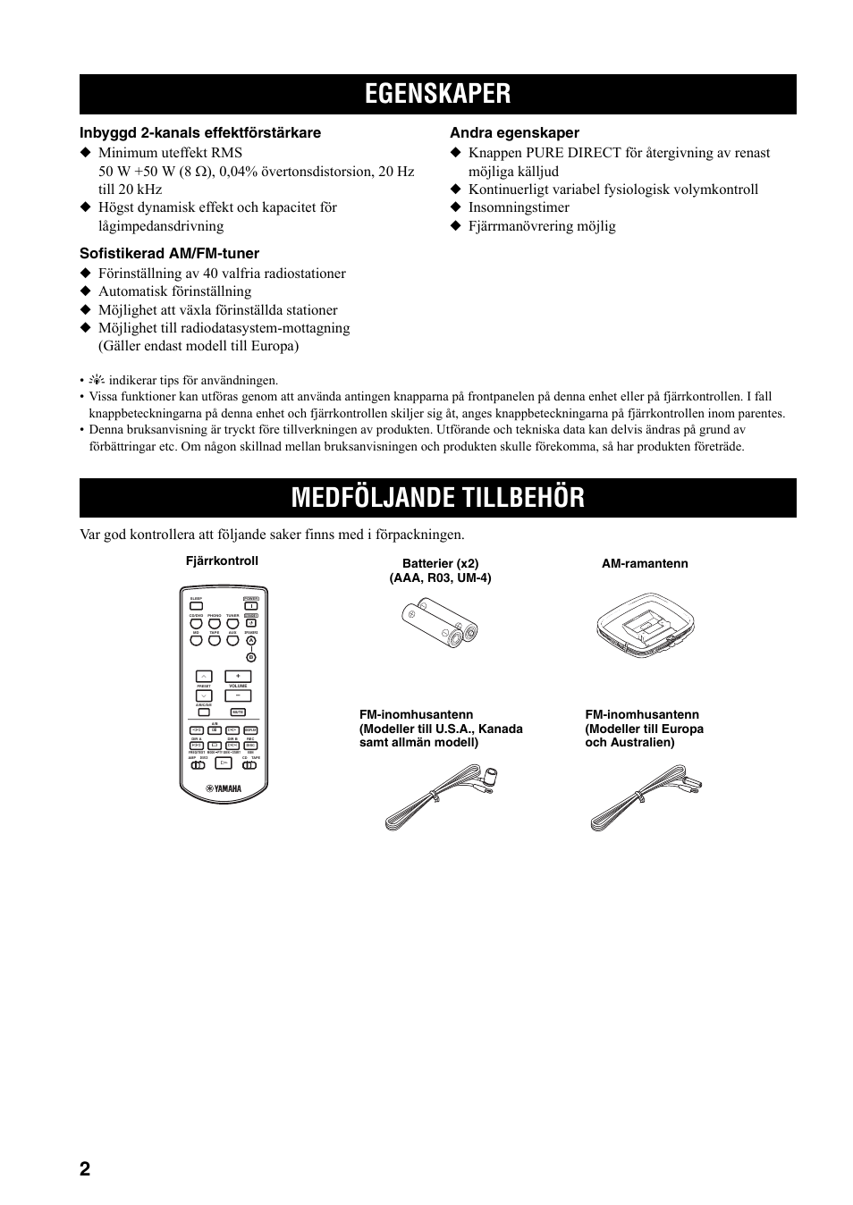 Inledning, Egenskaper, Medföljande tillbehör | Egenskaper medföljande tillbehör | Yamaha RX-397 User Manual | Page 106 / 206