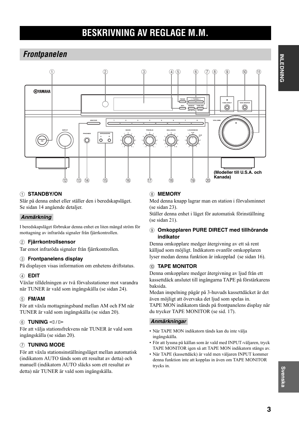 Beskrivning av reglage m.m, Frontpanelen, Anmärkning anmärkningar | Modeller till u.s.a. och kanada) | Yamaha RX-397 User Manual | Page 107 / 206