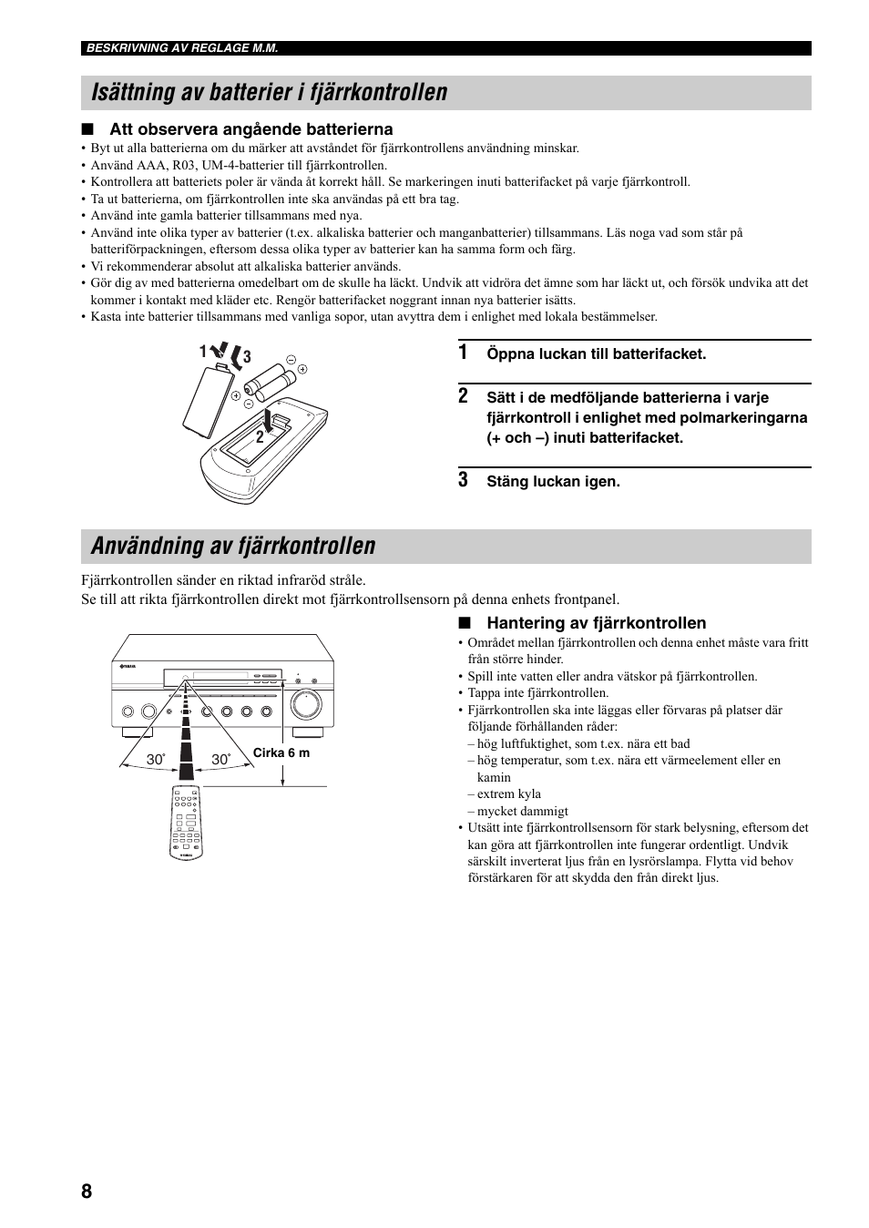 Isättning av batterier i fjärrkontrollen, Användning av fjärrkontrollen | Yamaha RX-397 User Manual | Page 112 / 206