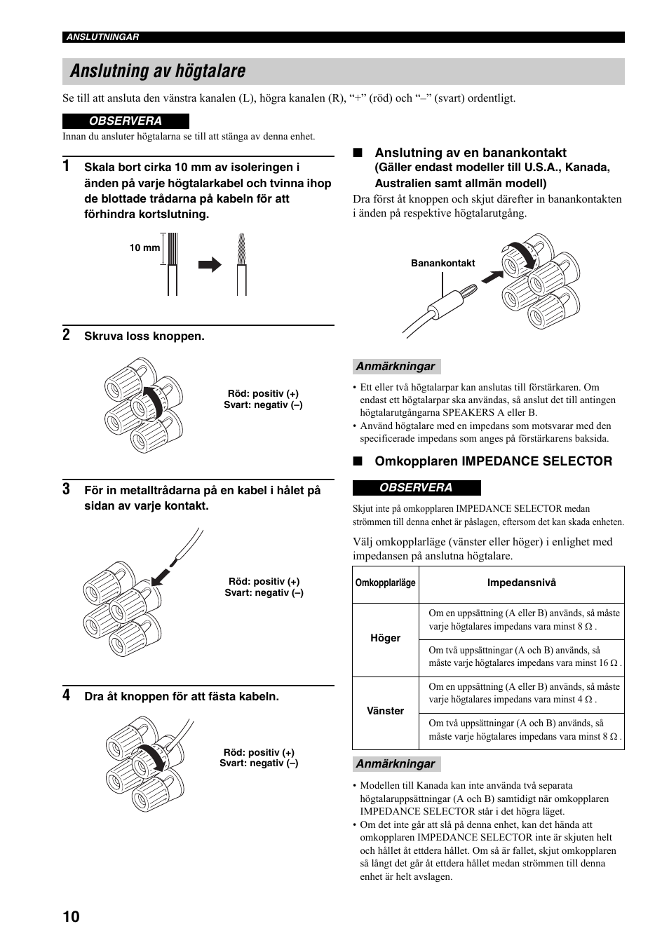 Anslutning av högtalare, Se sidan 10 för infor, Se sidan 10 an | Yamaha RX-397 User Manual | Page 114 / 206