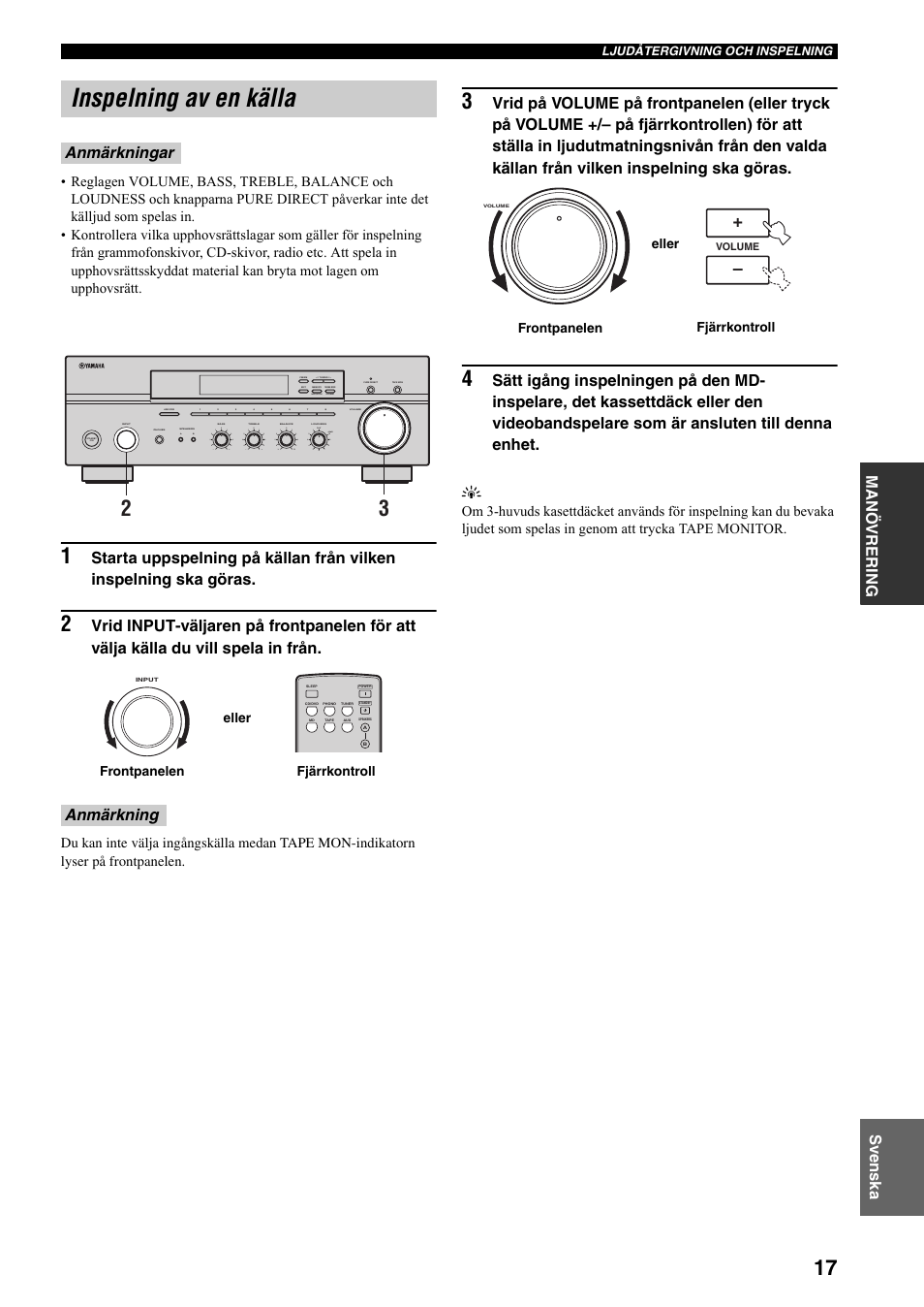 Inspelning av en källa, Svenska manö vr ering, Anmärkningar anmärkning | Man'l/auto fm, Auto/man'l, Frontpanelen fjärrkontroll eller, Fjärrkontroll frontpanelen eller | Yamaha RX-397 User Manual | Page 121 / 206