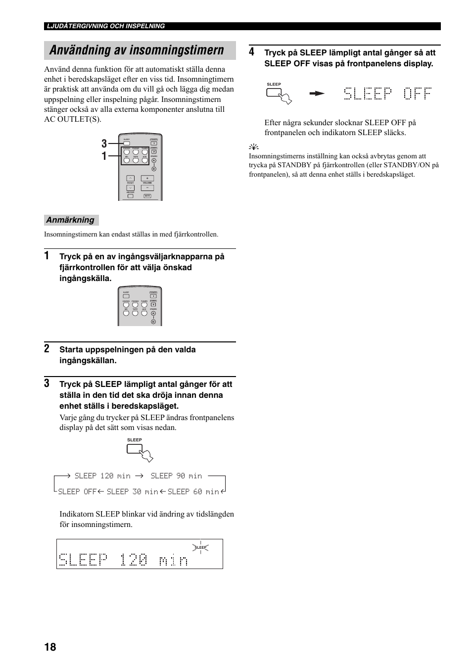 Användning av insomningstimern, Starta uppspelningen på den valda ingångskällan, Anmärkning | Yamaha RX-397 User Manual | Page 122 / 206