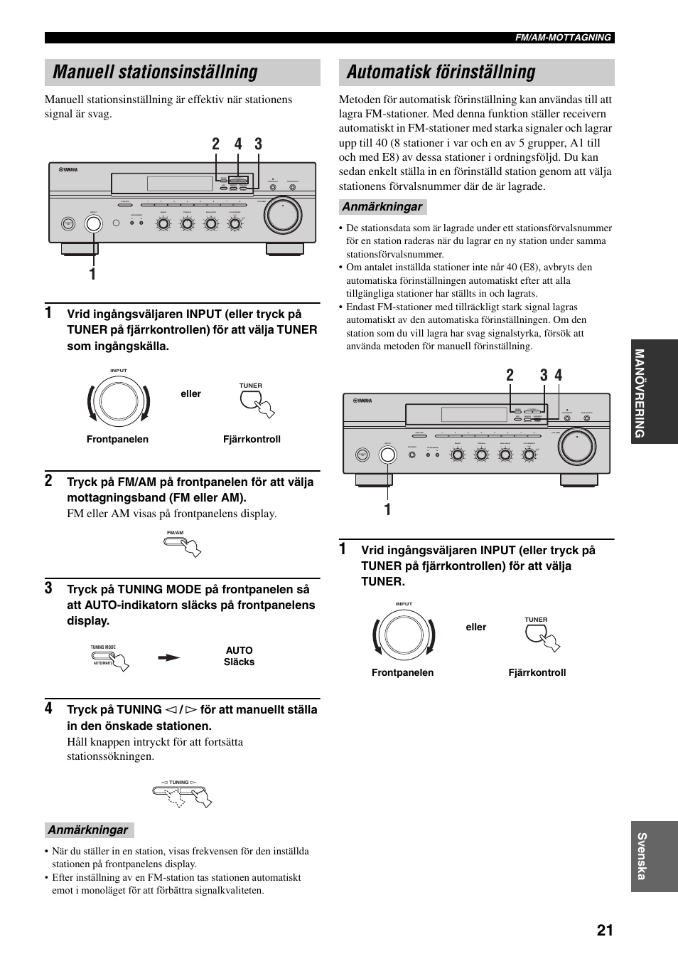 Manuell stationsinställning, Automatisk förinställning, Anmärkningar | Man'l/auto fm, Auto/man'l | Yamaha RX-397 User Manual | Page 125 / 206