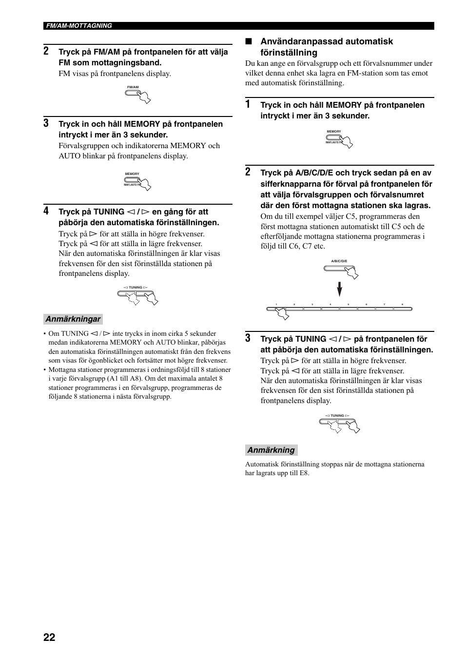 Ingångskälla (se sidan 22, Användaranpassad automatisk förinställning, Anmärkningar | Anmärkning | Yamaha RX-397 User Manual | Page 126 / 206