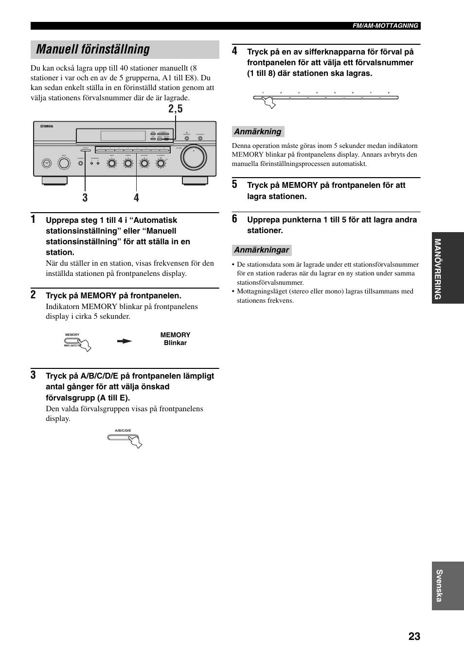 Manuell förinställning, Anmärkning anmärkningar, Man'l/auto fm | Auto/man'l | Yamaha RX-397 User Manual | Page 127 / 206