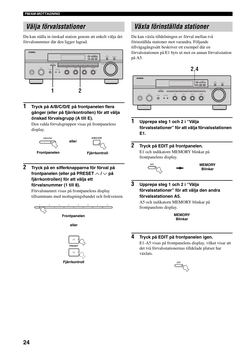 Välja förvalsstationer, Växla förinställda stationer, Älla (se sidan 24) | Man'l/auto fm, Auto/man'l | Yamaha RX-397 User Manual | Page 128 / 206