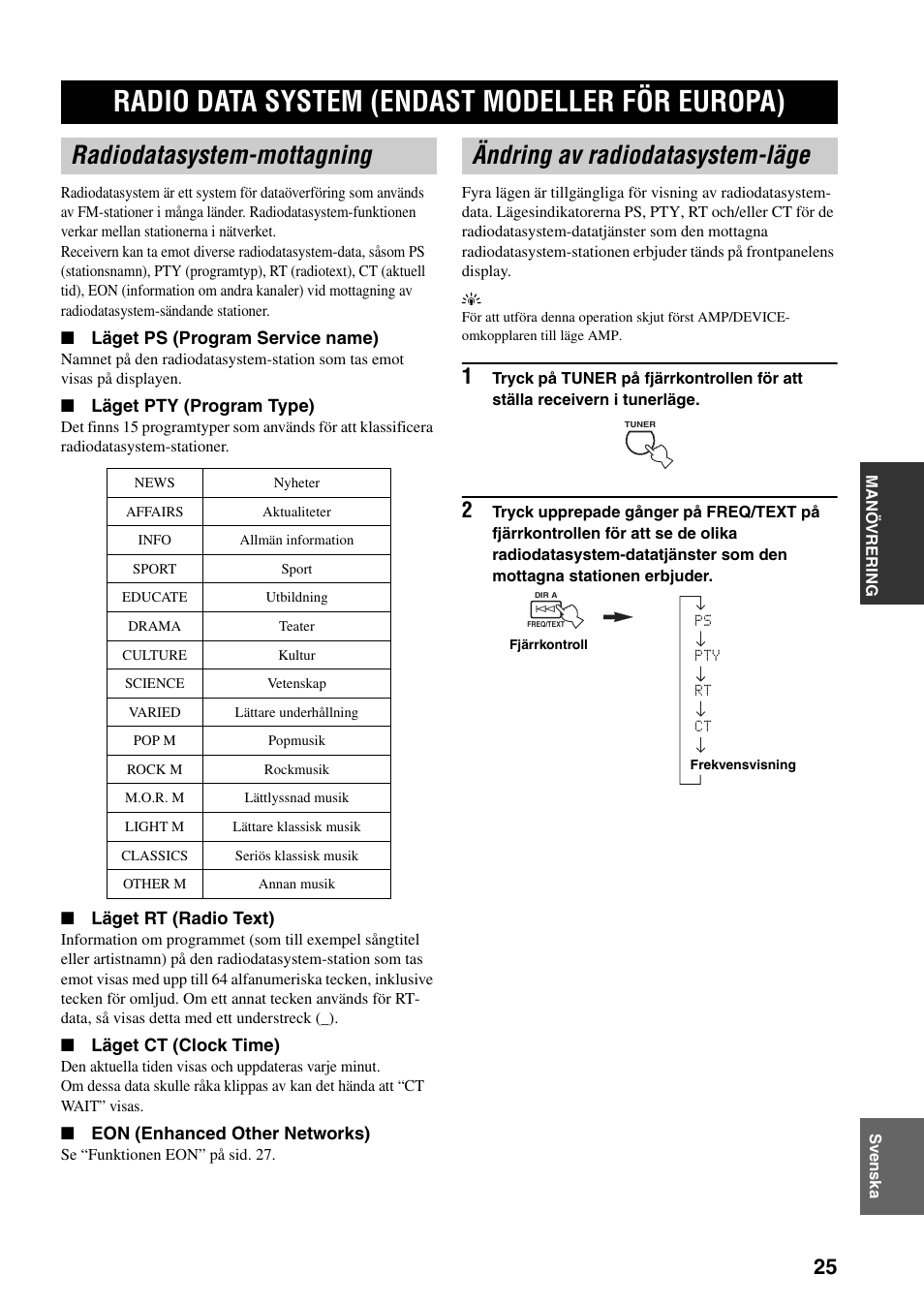 Radio data system (endast modeller för europa), Radiodatasystem-mottagning, Ändring av radiodatasystem-läge | Radio data system (endast, Modeller för europa) | Yamaha RX-397 User Manual | Page 129 / 206